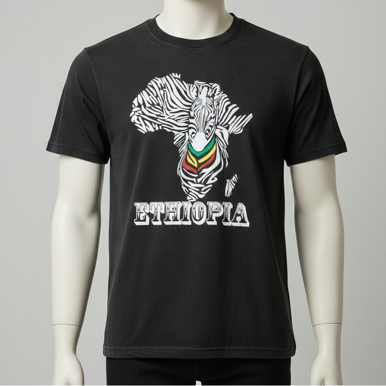 Black t-shirt with zebra graphic and 'Ethiopia' text on it 